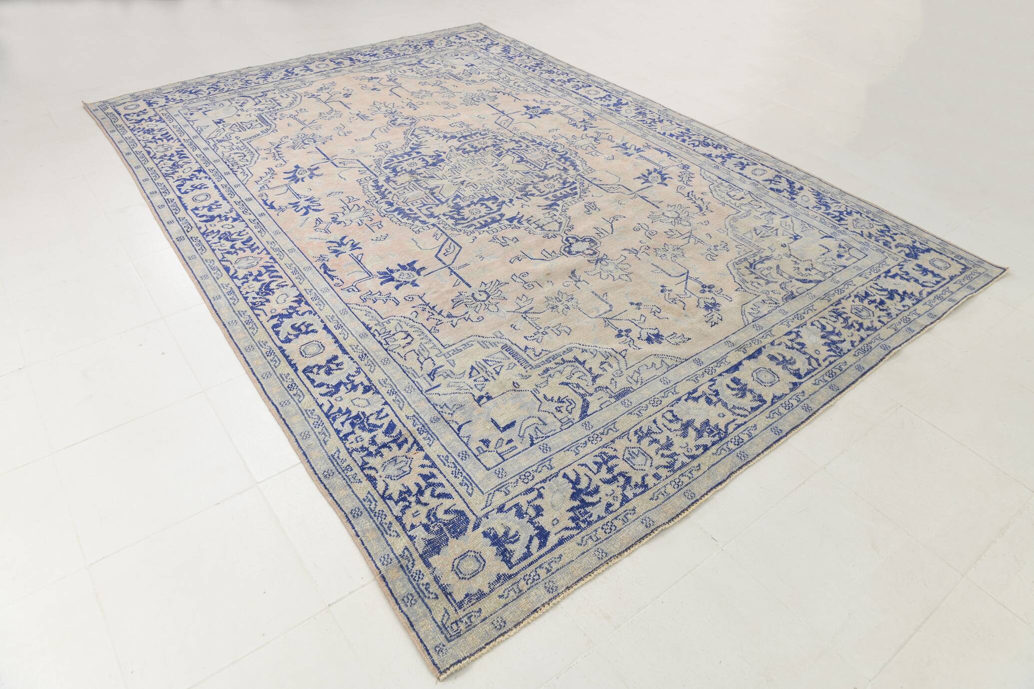 Vintage Blue & Sand Beige Large Persian Rug, 246x344Cm