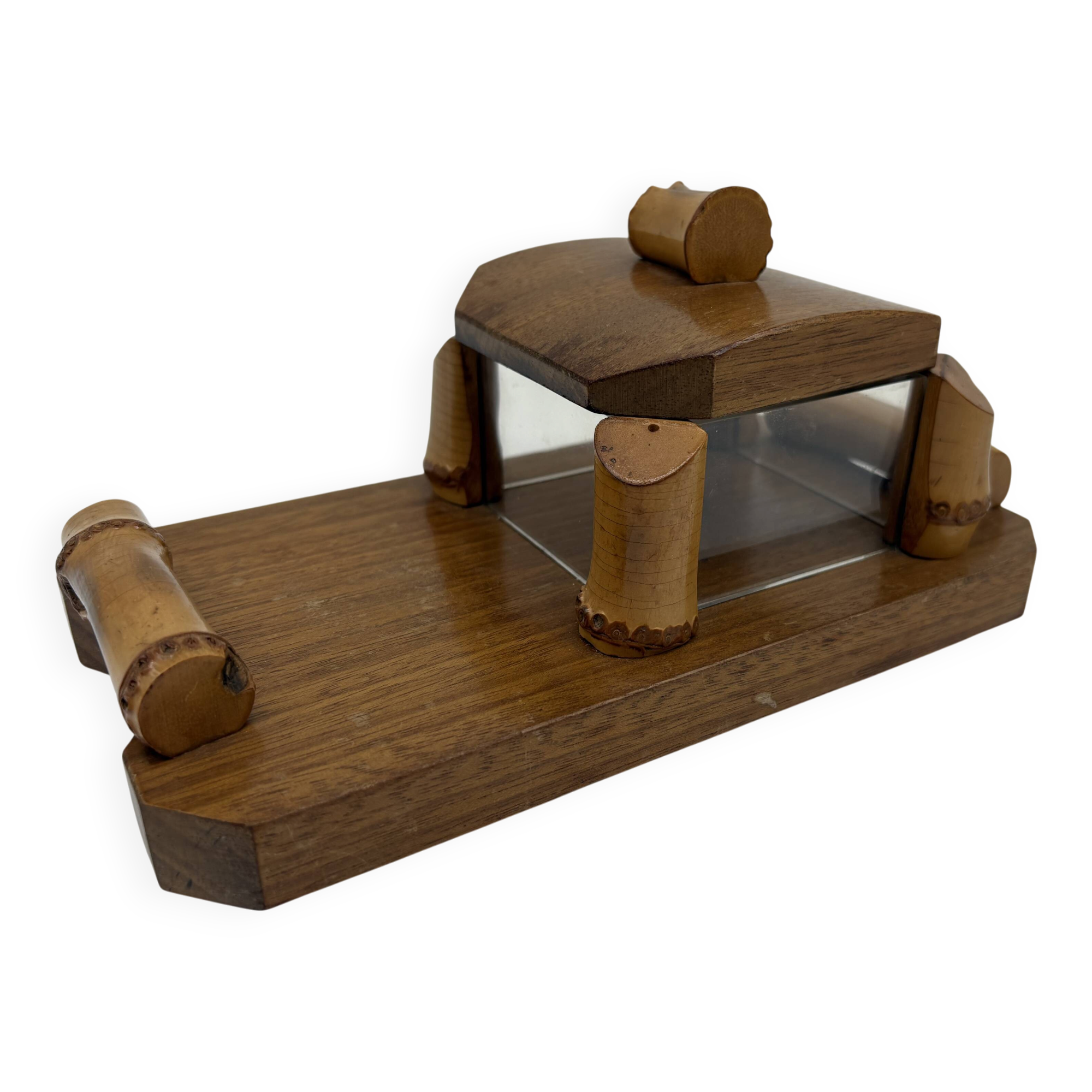 Vintage butter dish in wood, glass and bamboo – 1960s
