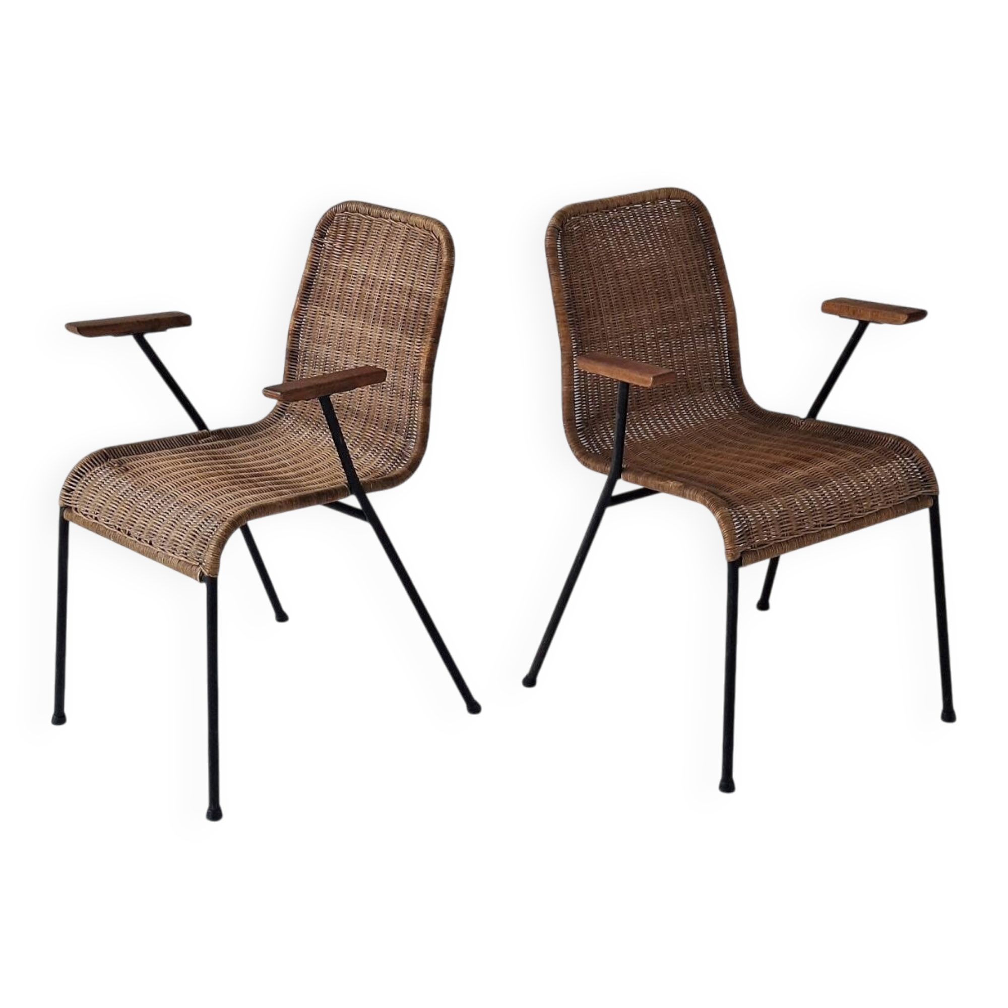 Pair of Swiss stackable rattan and iron dining elbow chairs, G Legler 1960s