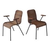 Pair of Swiss stackable rattan and iron dining elbow chairs, G Legler 1960s