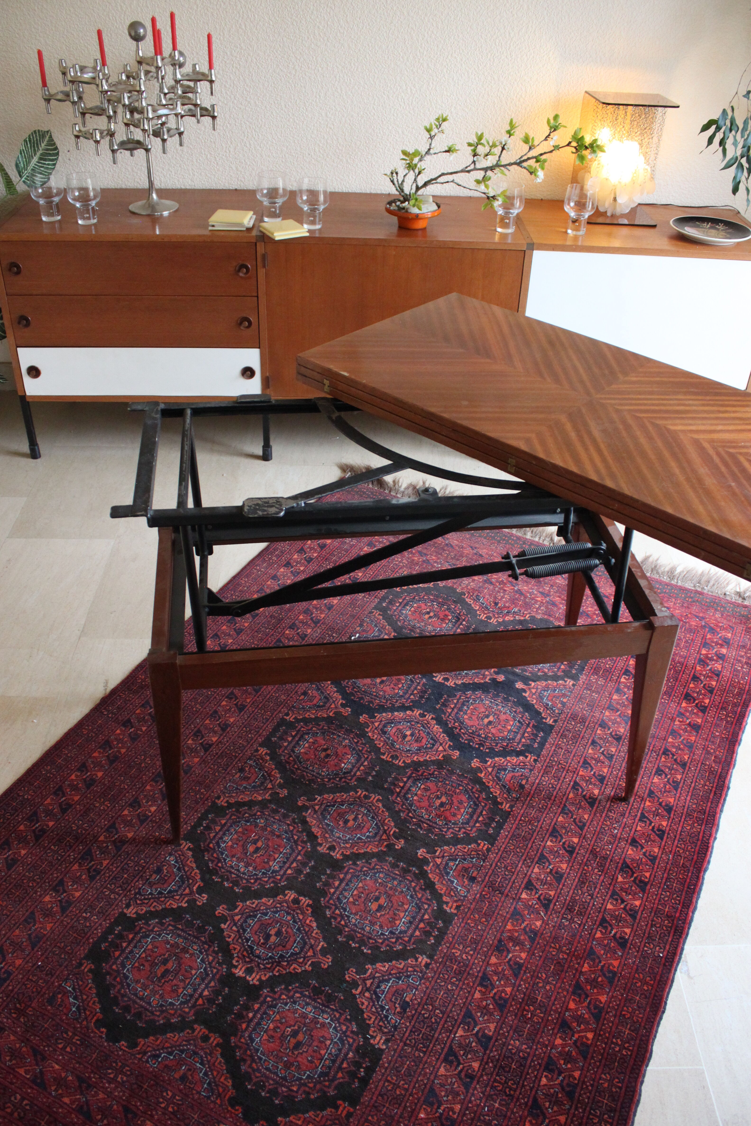 vintage coffee table with up and down system, dining table up to 10 people