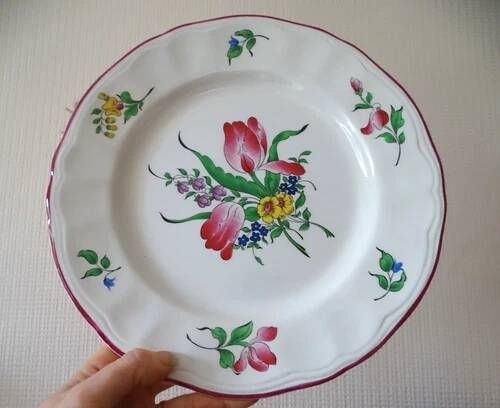 Kg luneville "réverbère" 6 flat plates earthenware hand-painted flowers ø25.5 cm