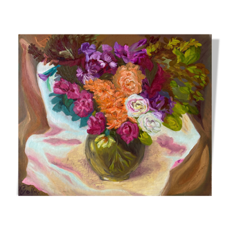 Painting "Bouquet of roses in vase" HST/P signed P. Jolly