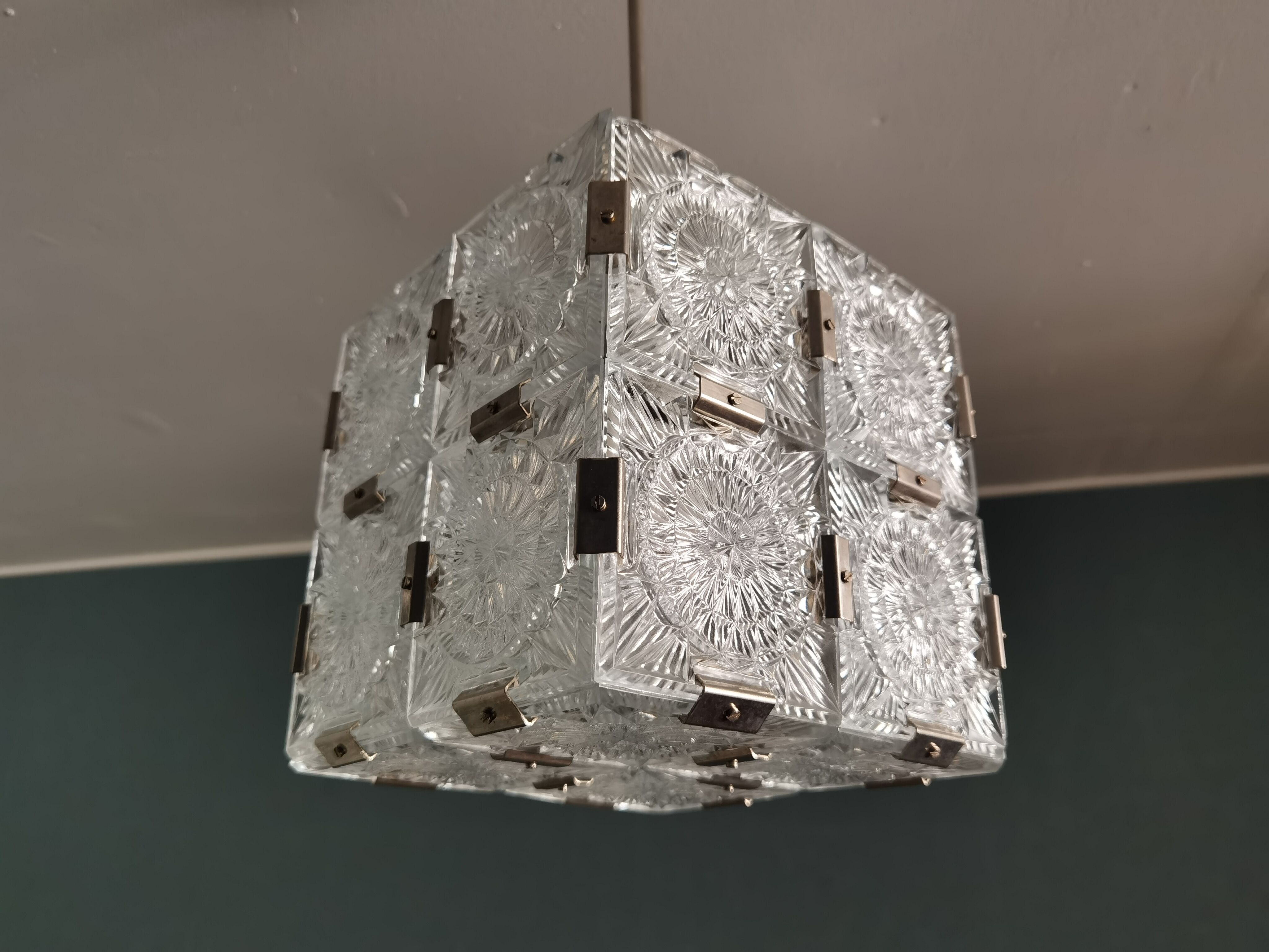 Glass faceted cube chandelier by Jaroslav Bejvl for Kamenicky Senov, year 1968