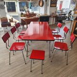 Vintage Lafague red formica set, 1 table, 6 chairs and 1 stool