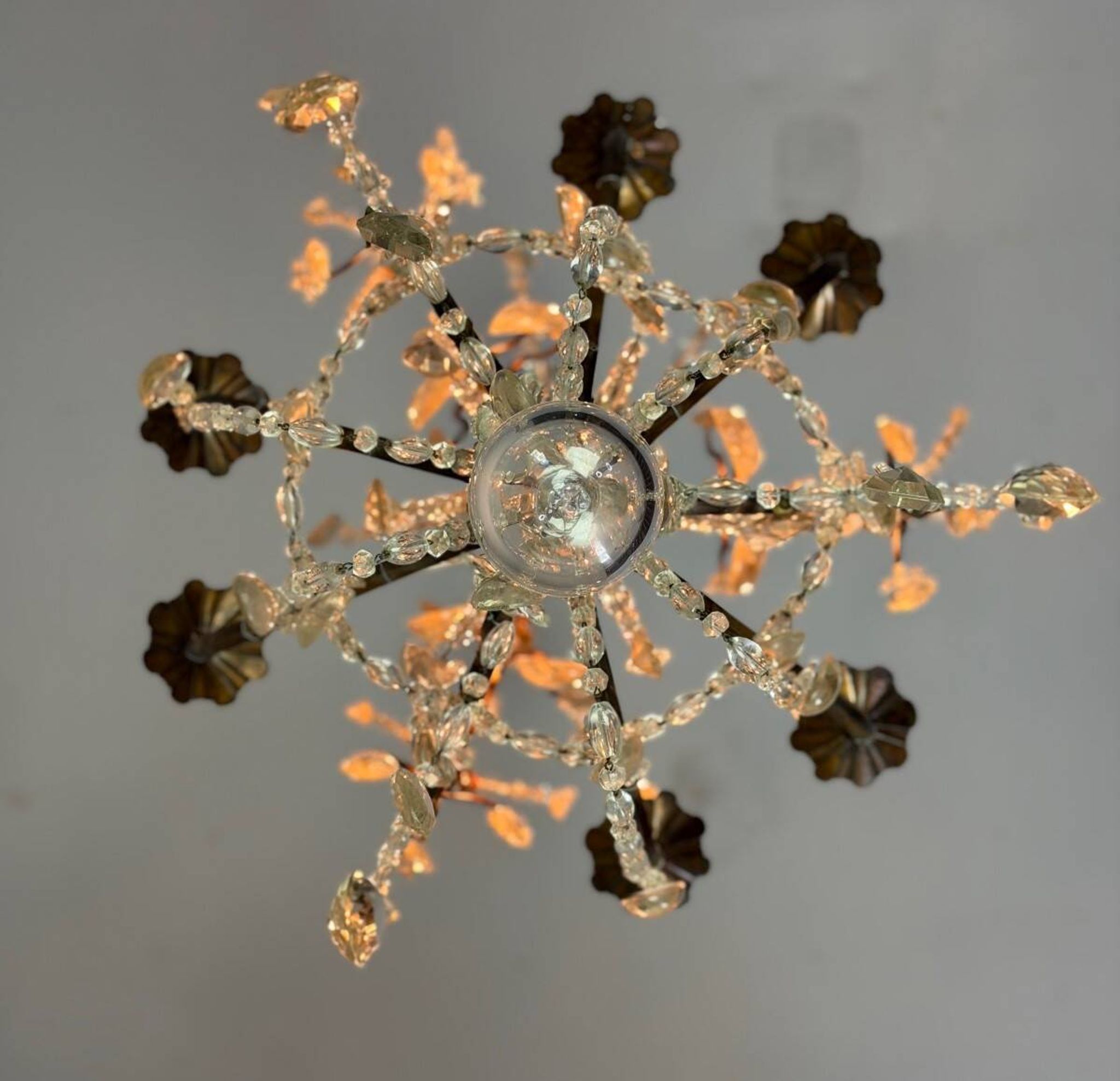 Bronze cage chandelier adorned with crystal drops, circa 1880