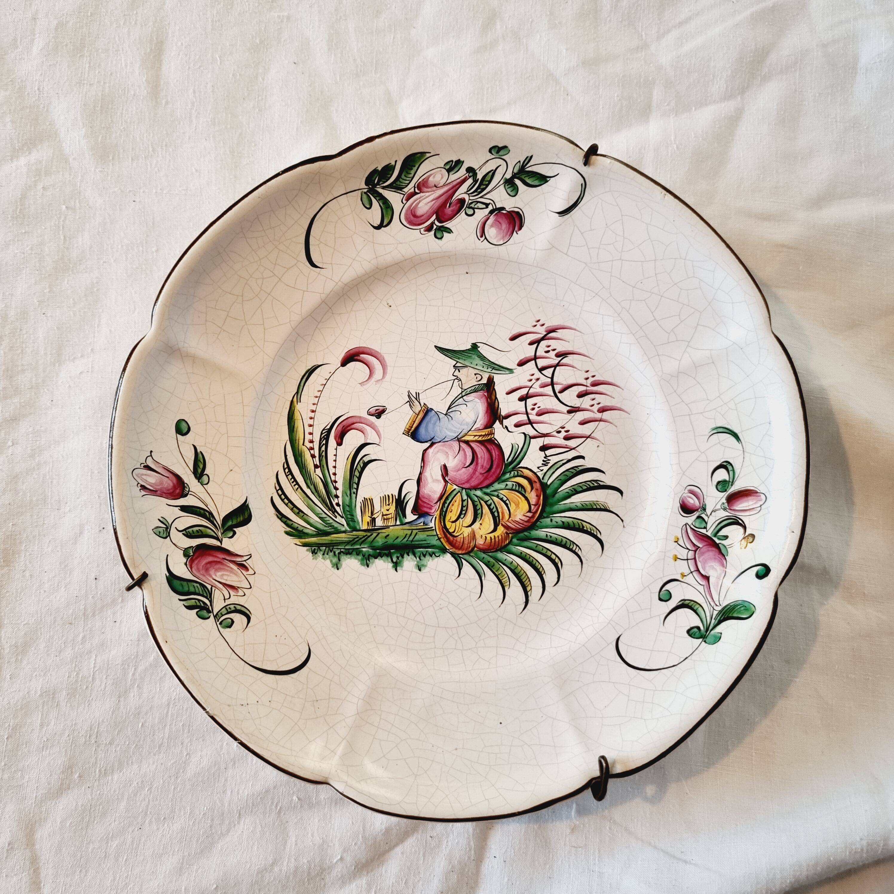 Antique ceramic or earthenware plate from the 19th century, Chinese style decoration