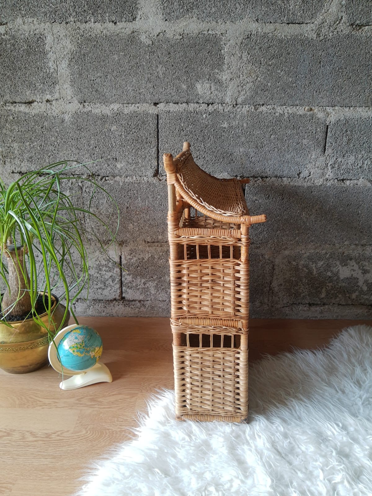Wall shelf or to be placed in unique Japanese style rattan vintage pagoda