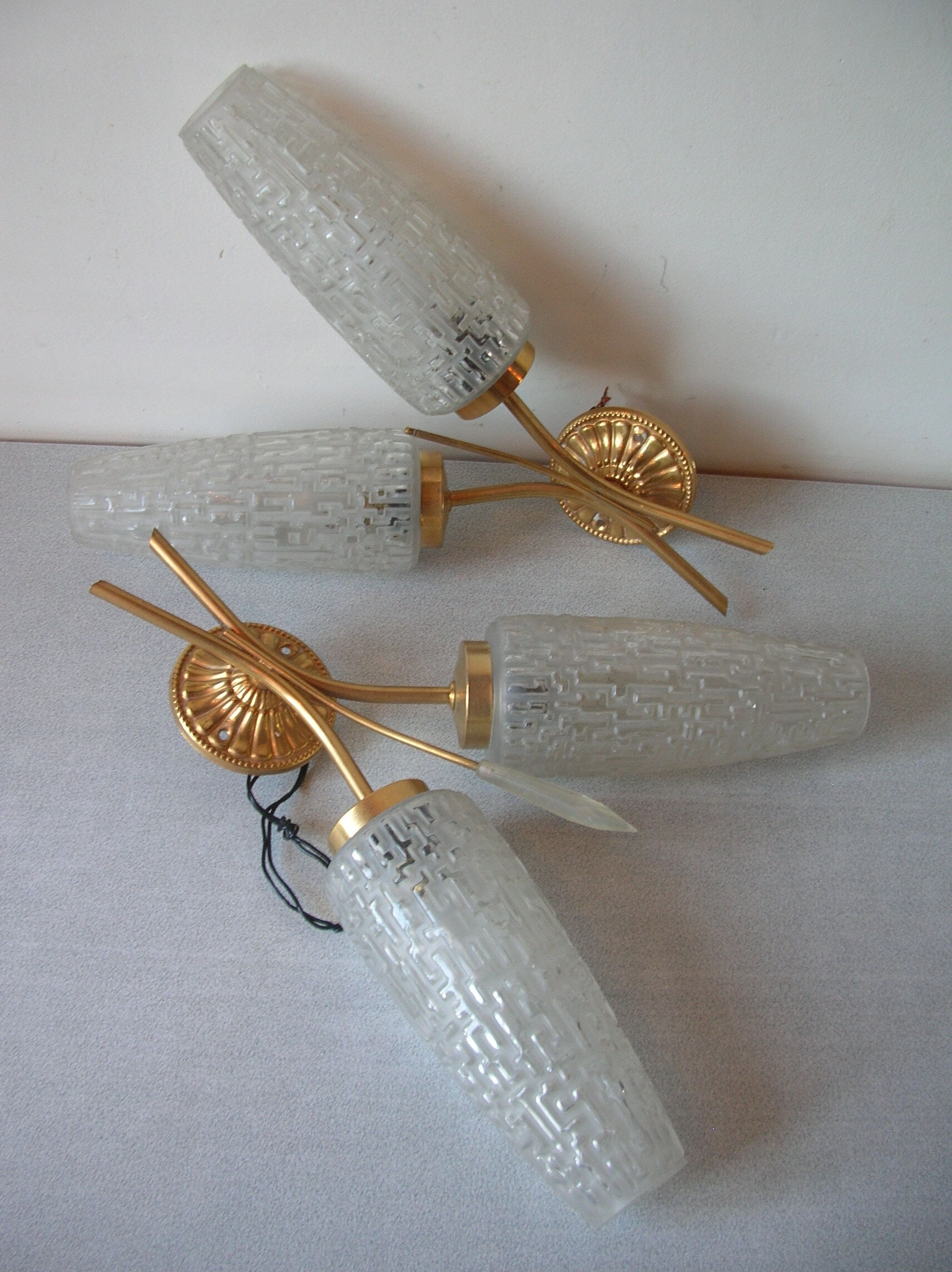 Pair of electric wall lamps double years 1950/60 globe conical lampshade deco retro