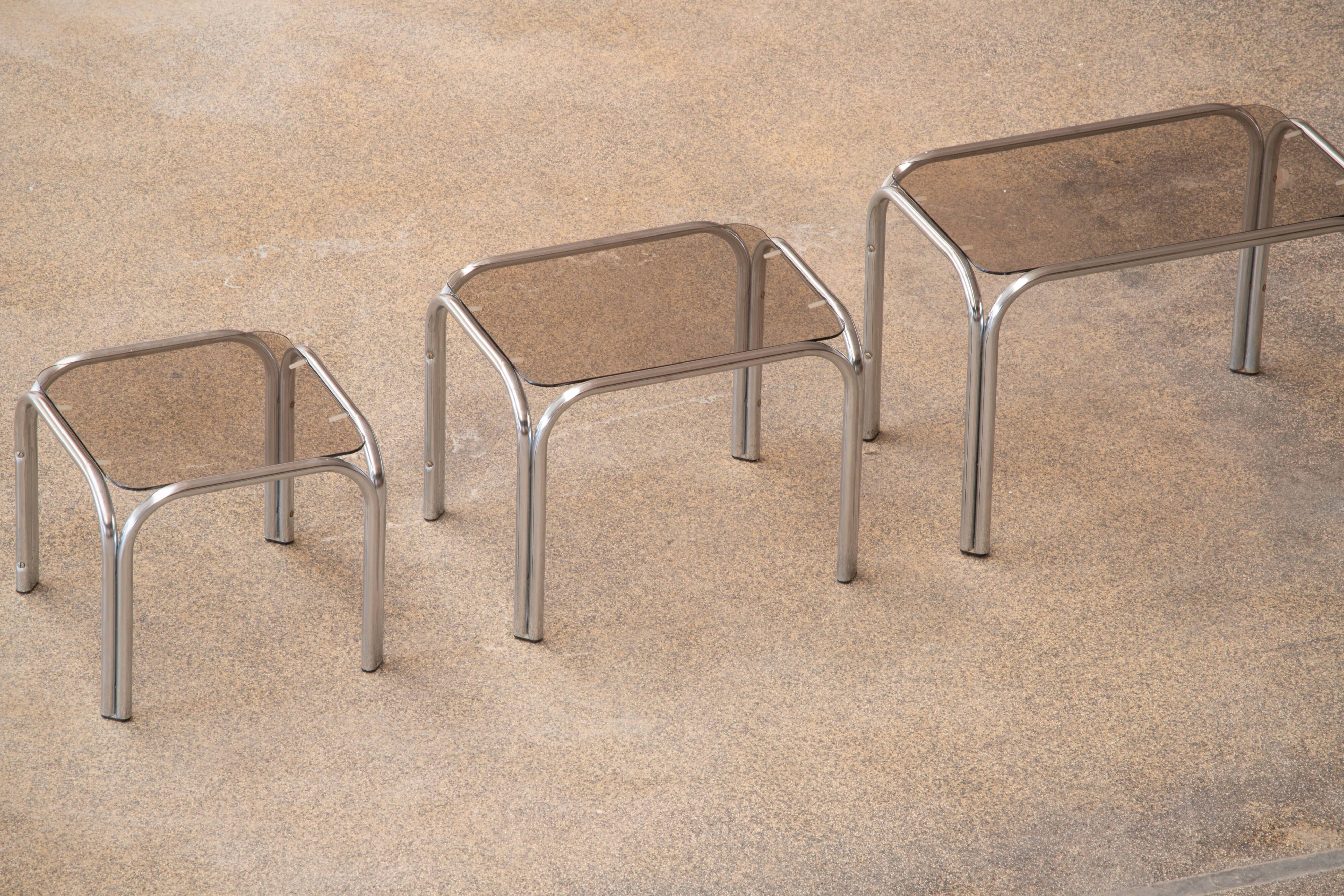 Vintage chrome and glass built-in coffee tables 1970