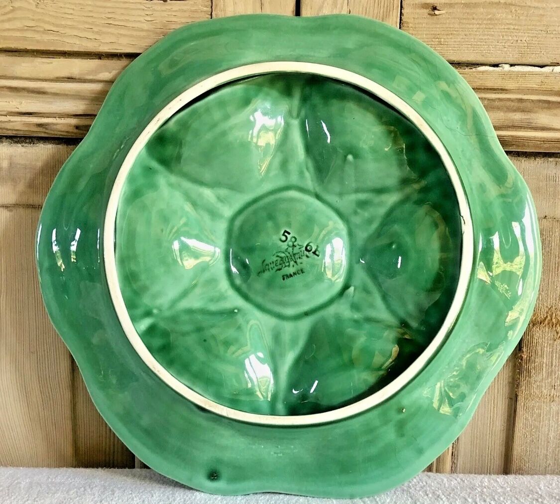 7 old oyster plates Sarreguemines green slurry