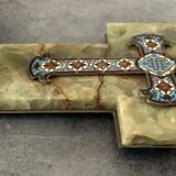 Wall cross with a holy water font in enamel and onyx, 19th century.