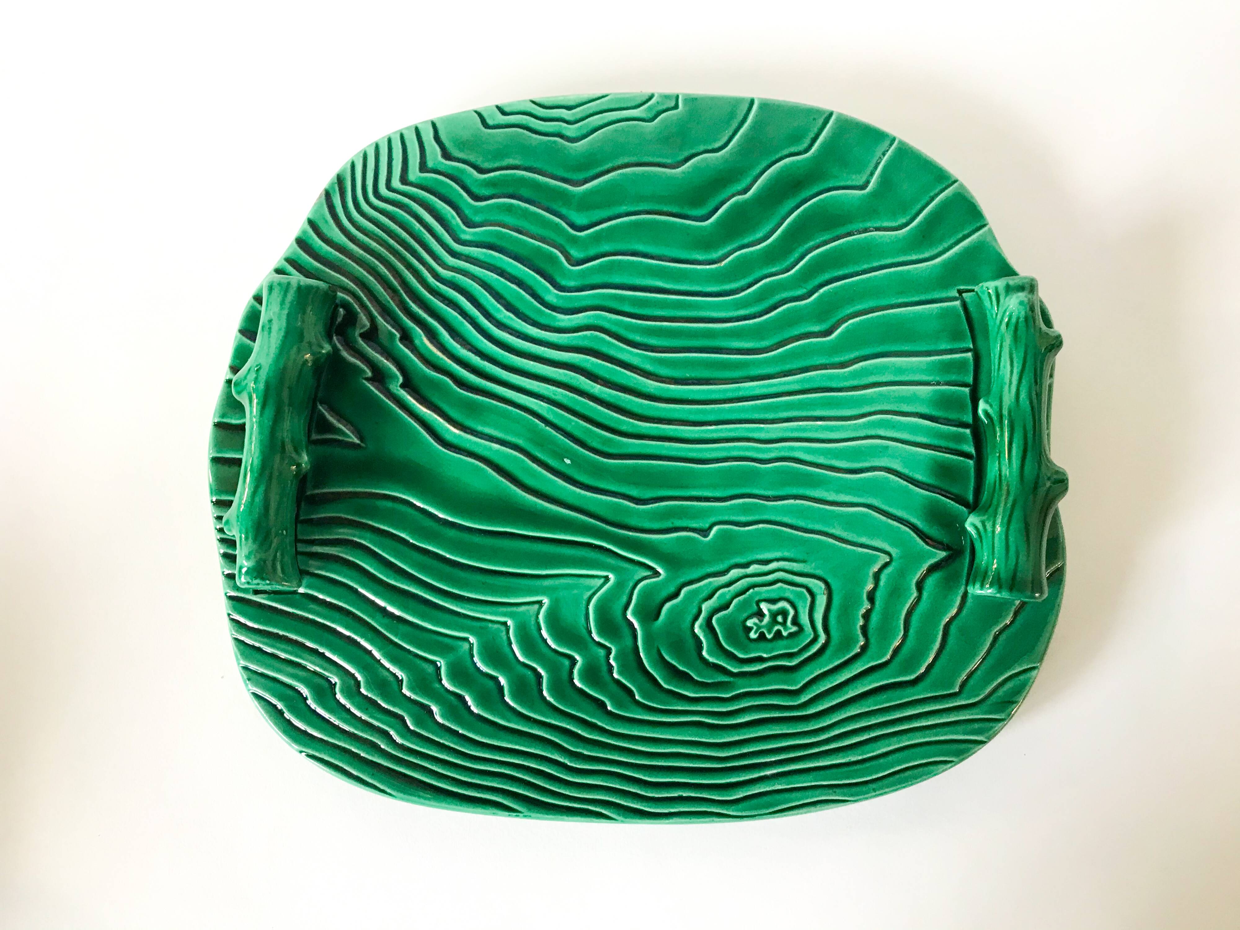 green ceramic tray with bamboo effect from the 1950s
