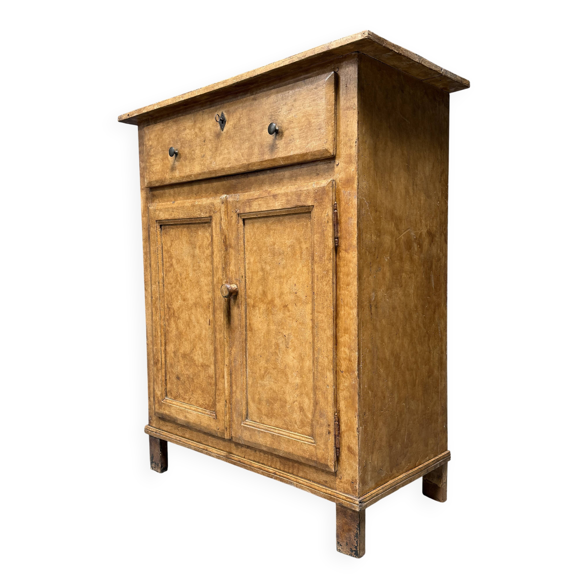 Old marbled ochre yellow French farmhouse cabinet