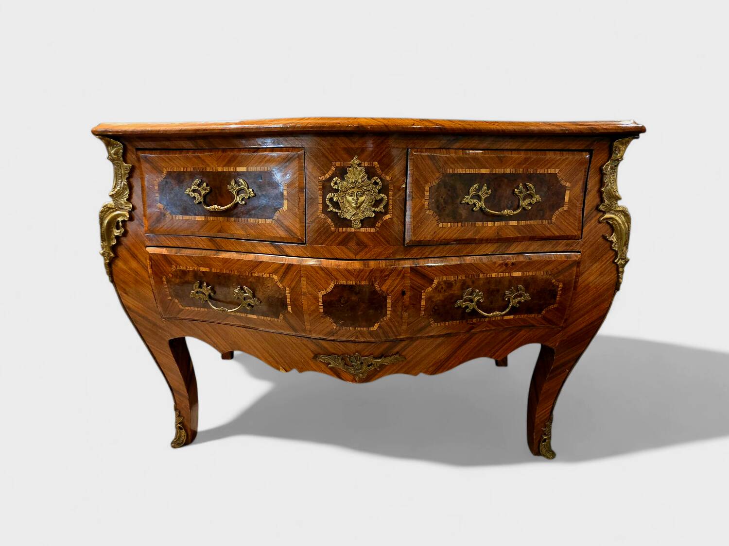 Louis XV style commode in marquetry and gilded bronze