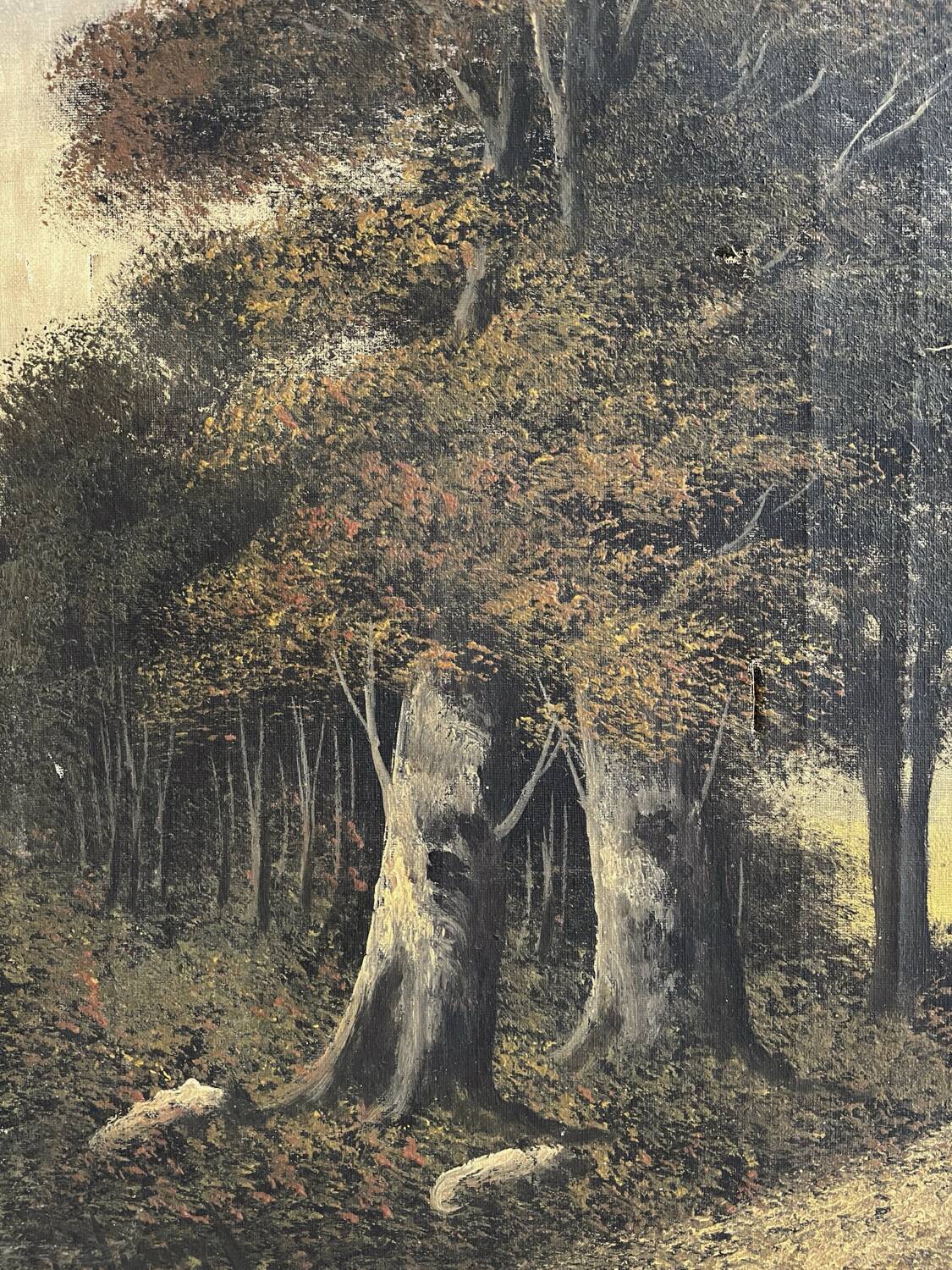 Old oil painting on canvas of a forest landscape.