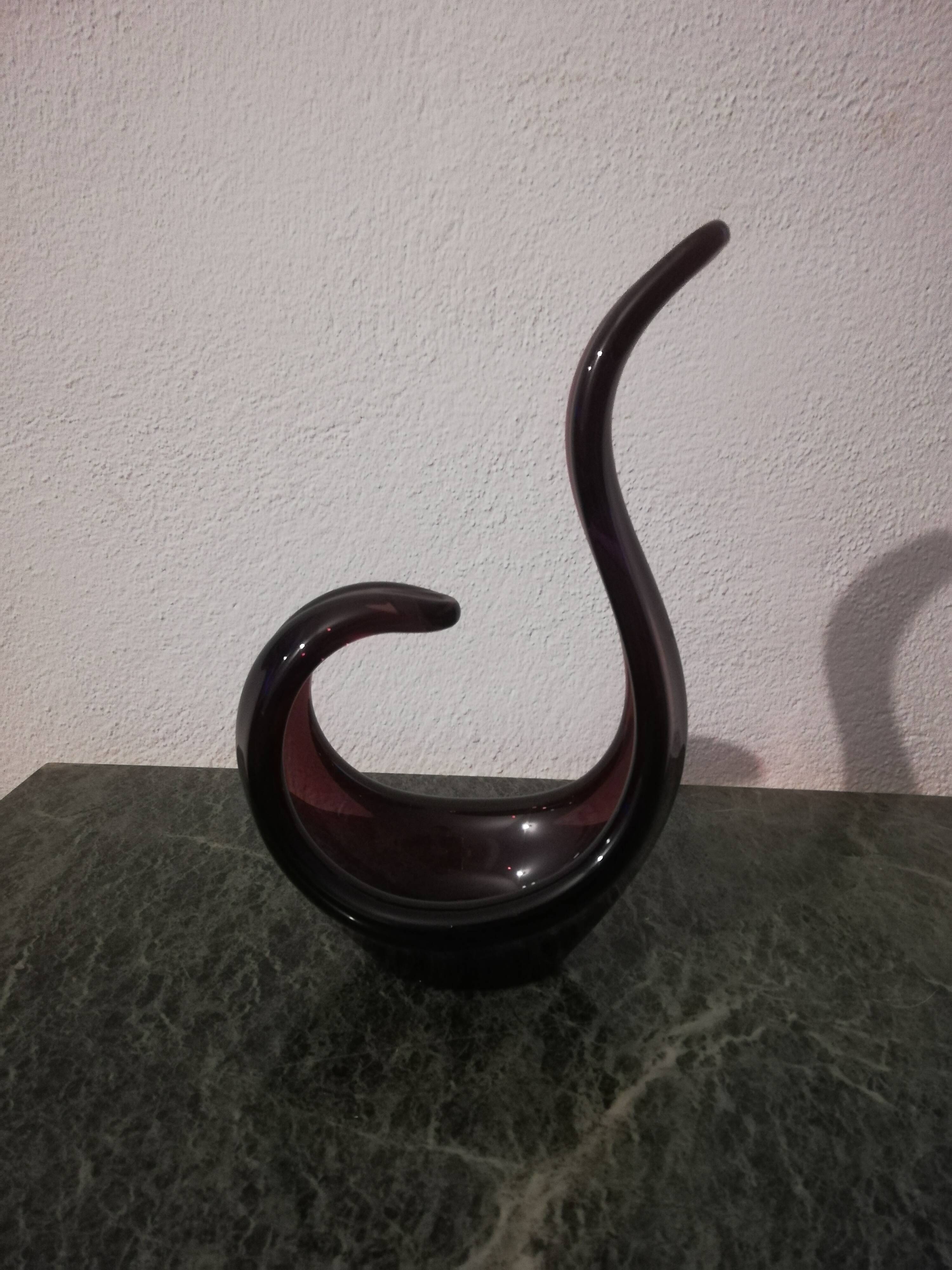 Empty pocket/Free-form swan sculpture in Violet Murano Glass.