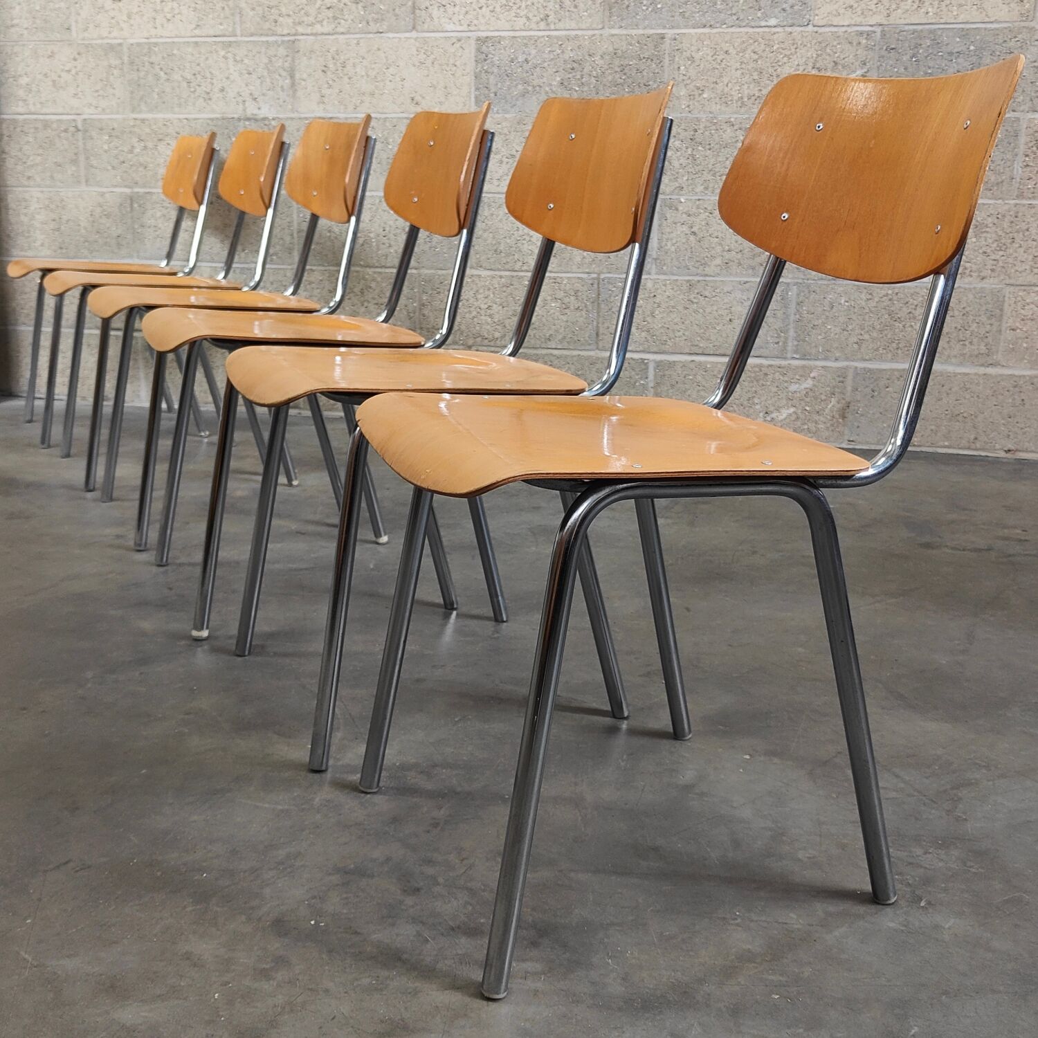Set of 6 Czech chairs "Kovonac" school type, chrome and wood 1960