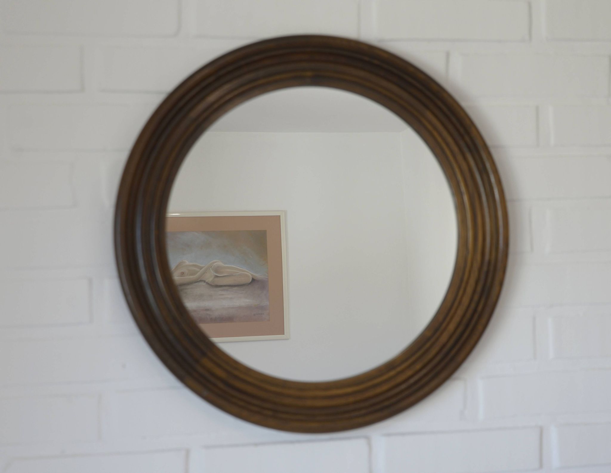 Large Vintage Wall Mirror Turned Oak Wood Round Vanity Mirror Rustic