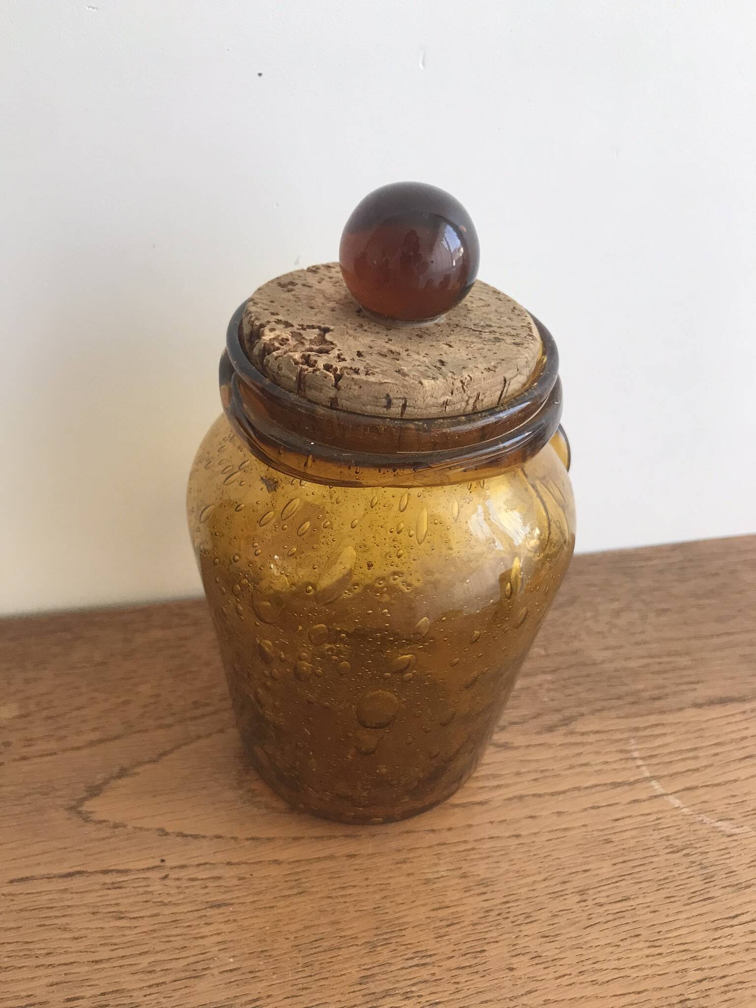 Handmade jar in blown bubbled glass Biot amber