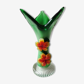 Vase Murano vintage, en verre d Art soufflé, inclusions fleurs oranges en relief