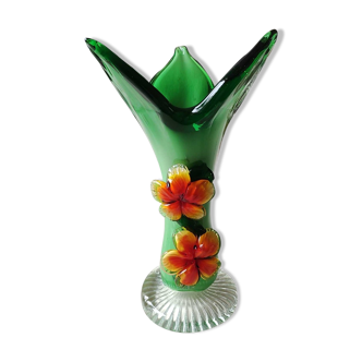 Vase Murano vintage, en verre d Art soufflé, inclusions fleurs oranges en relief