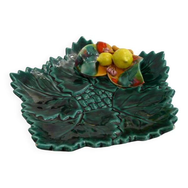 Plat coupe Barbotine feuilles & citrons mid-century