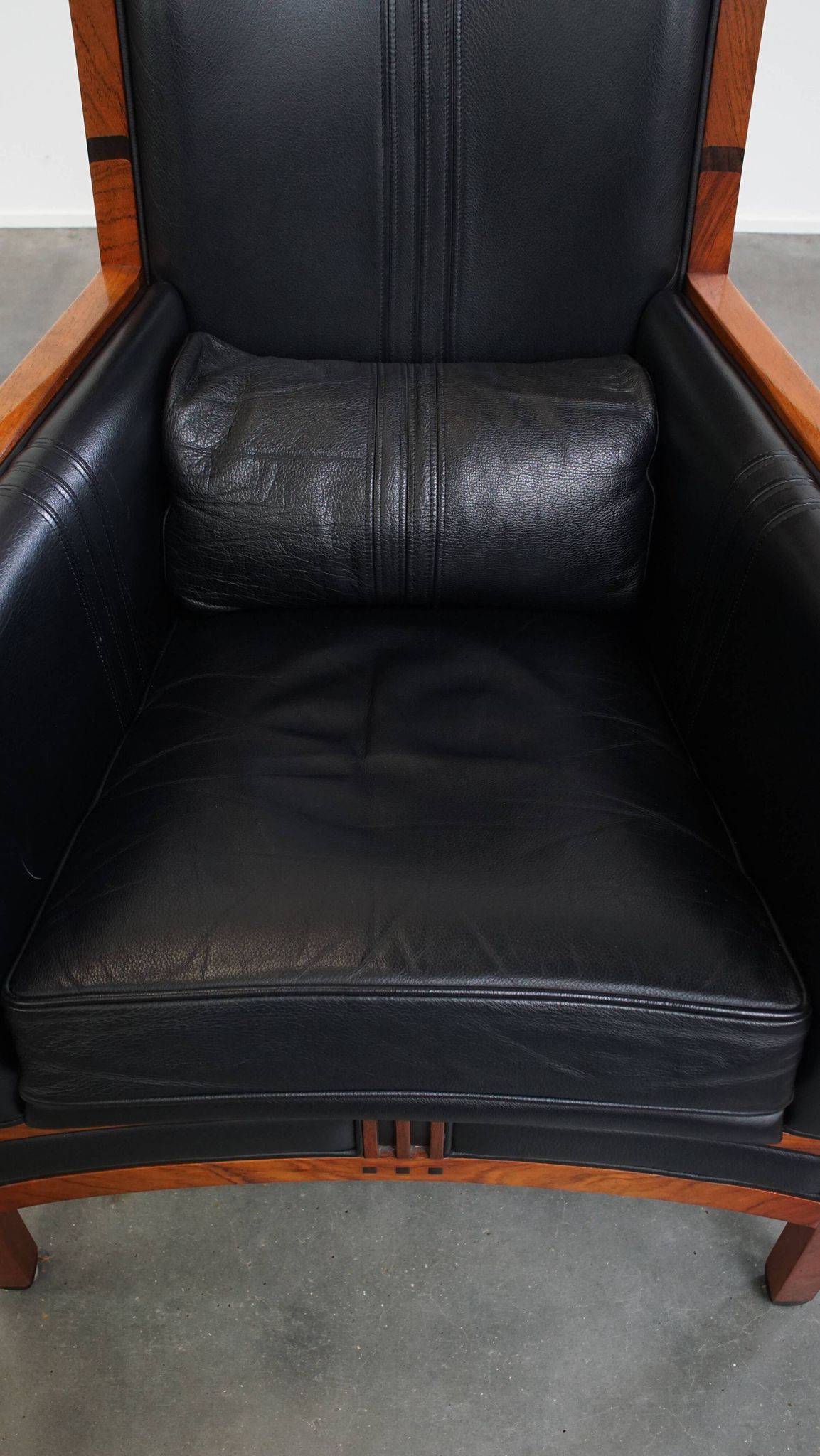 Black Cowhide Leather and Wooden Art Deco Armchair