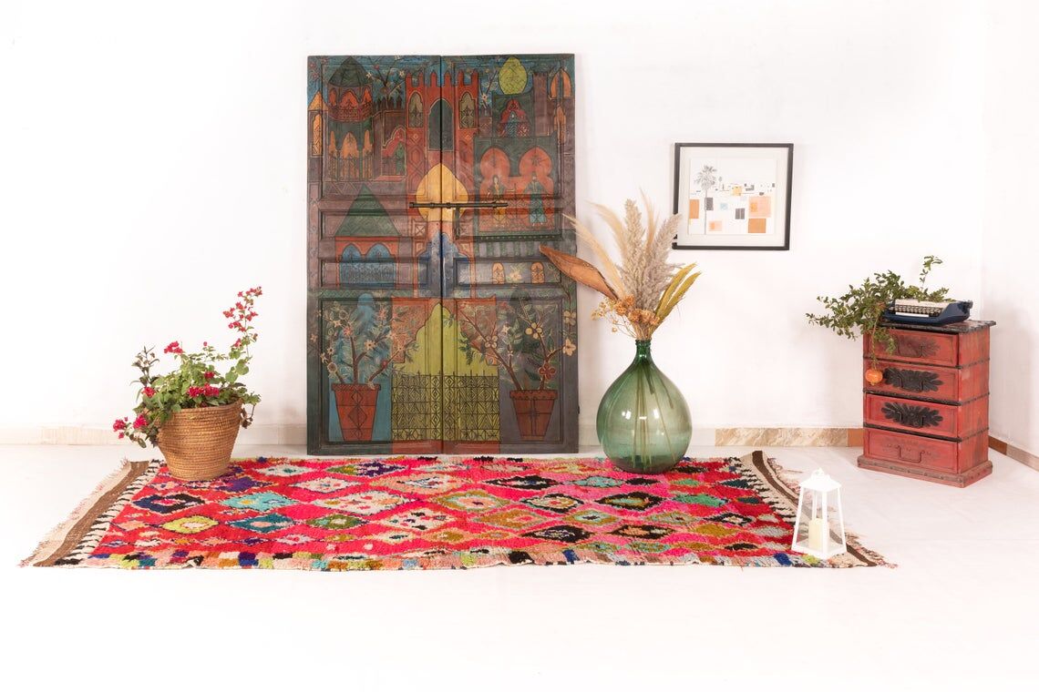 vintage boucherouite rug style azilal,multicolor berber carpet,vintage  azilal 146x320cm | Selency