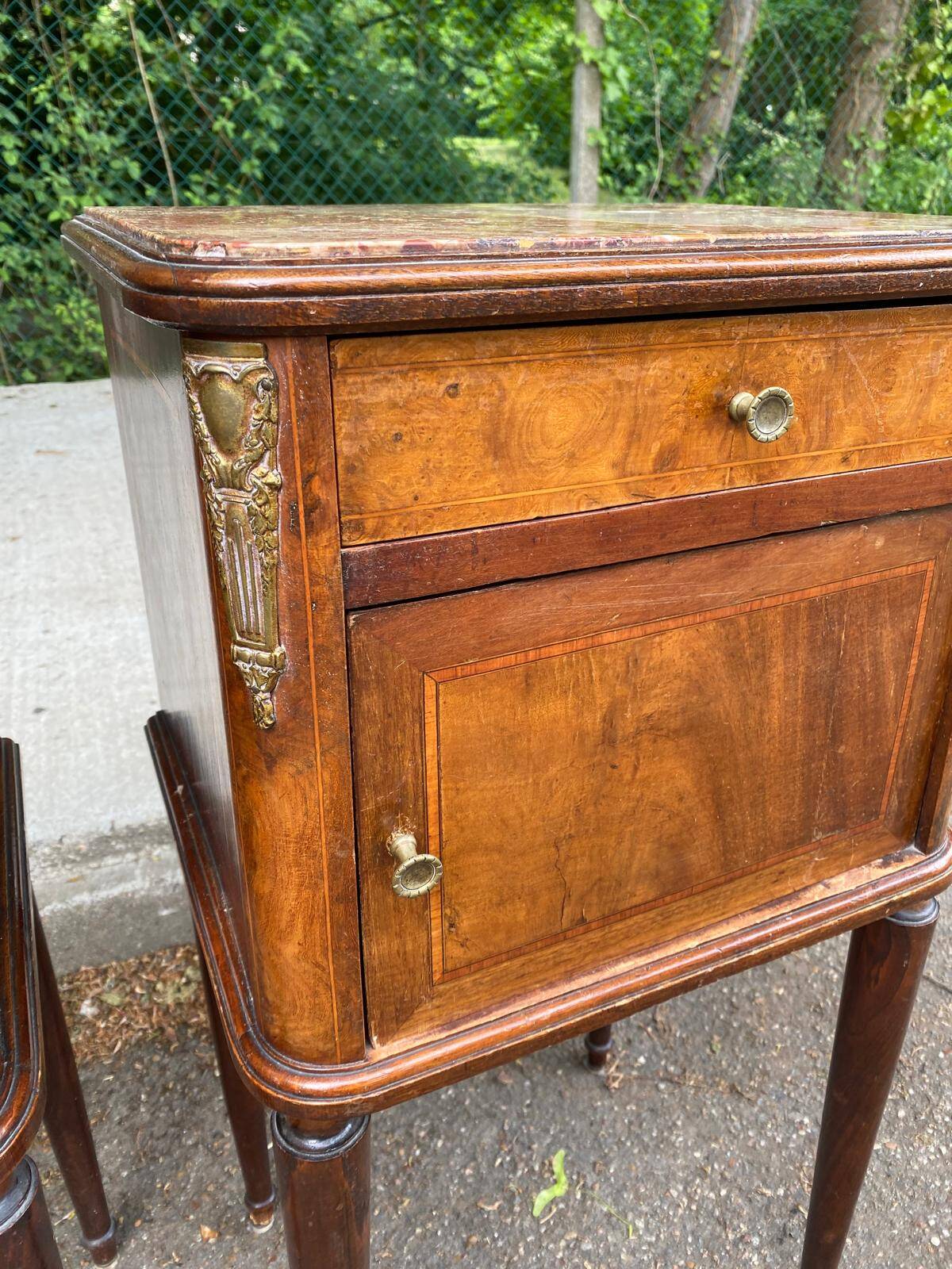 Pair of Louis XV bedside tables, 19th century, marquetry and pink marble