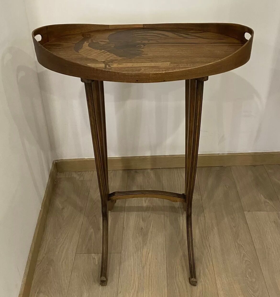 Lounge table rooster signed galle era art nouveau marquetry