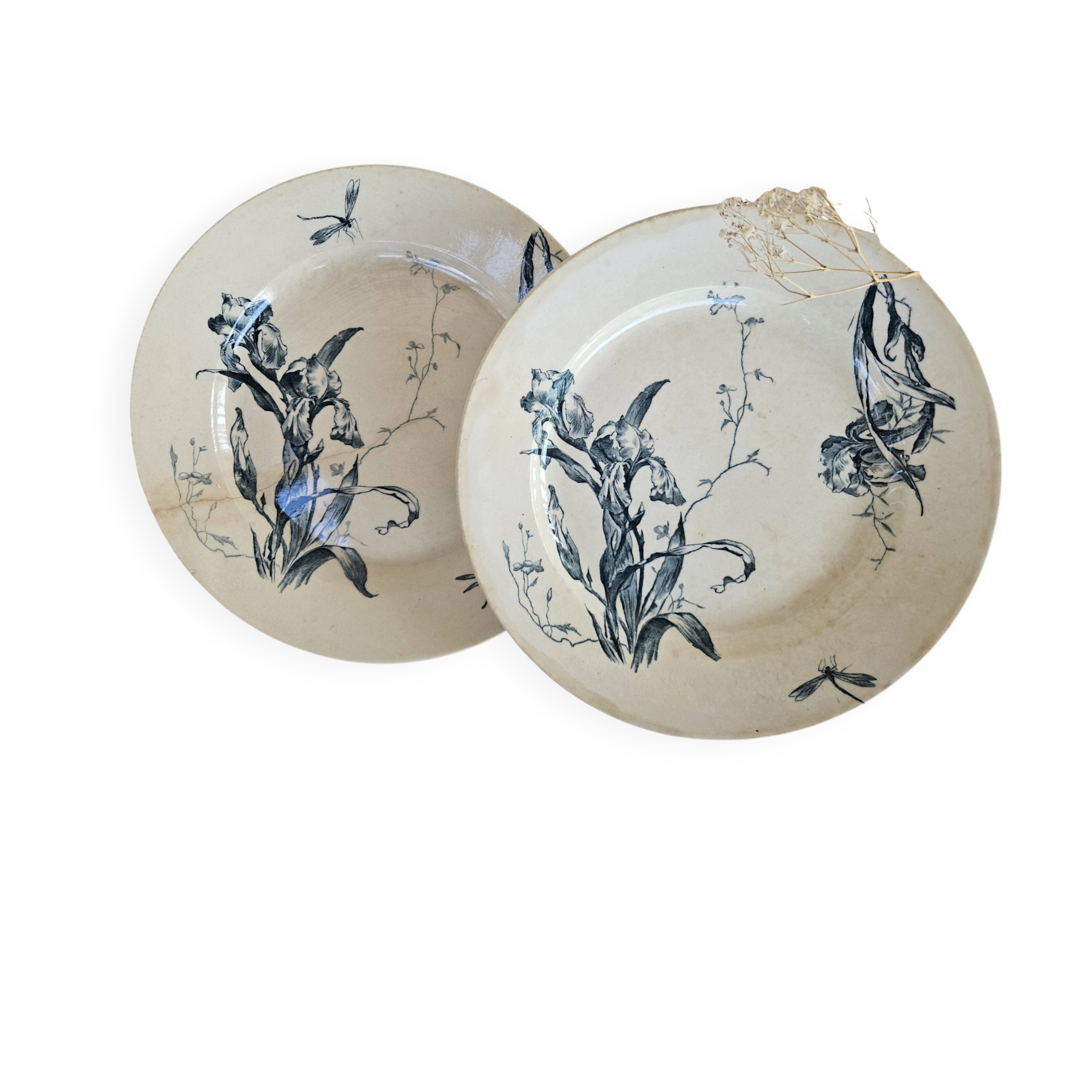 Pair of earthenware dishes from Gien, Iris model, 28 cm