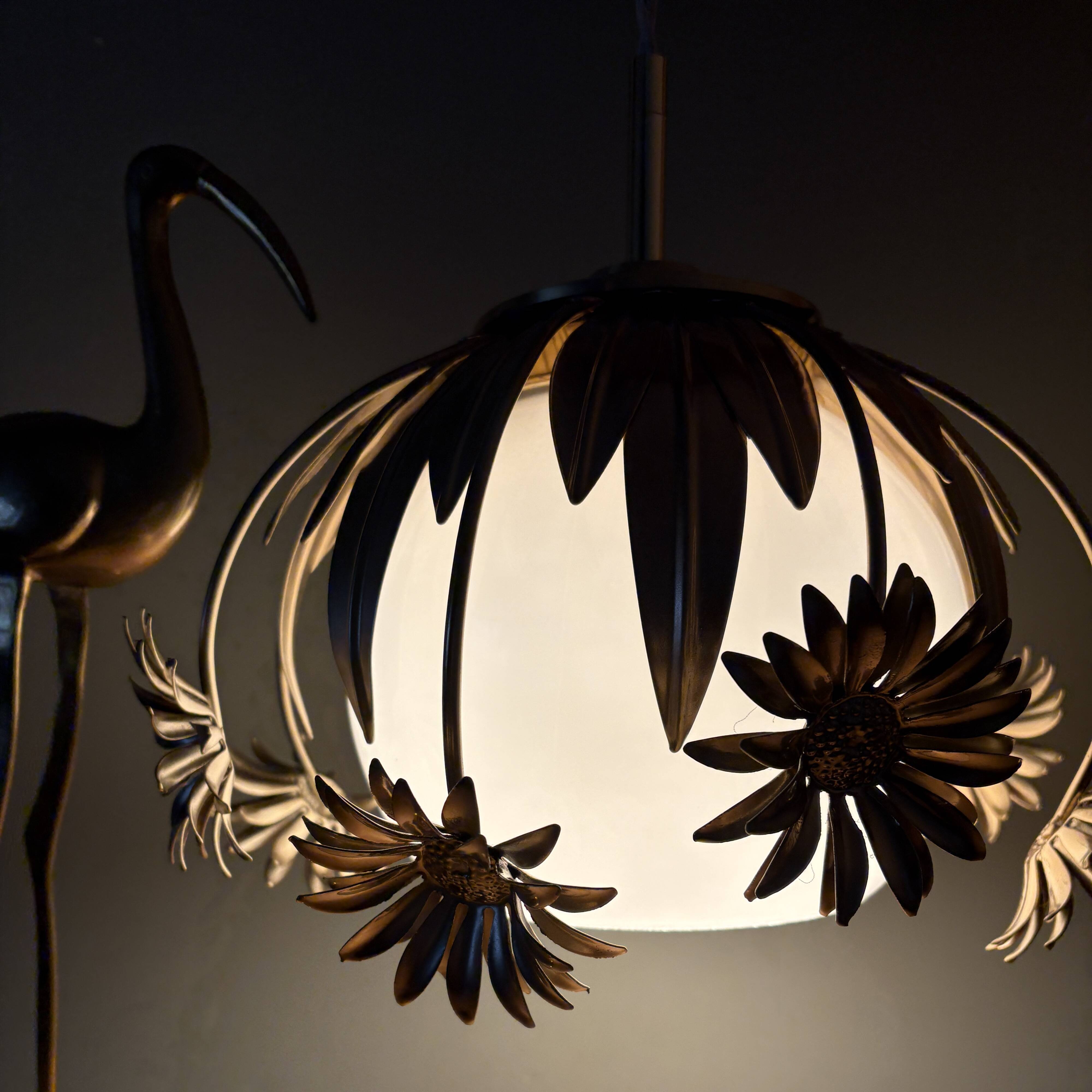 Pendant light in gilded metal and antique opaline globe