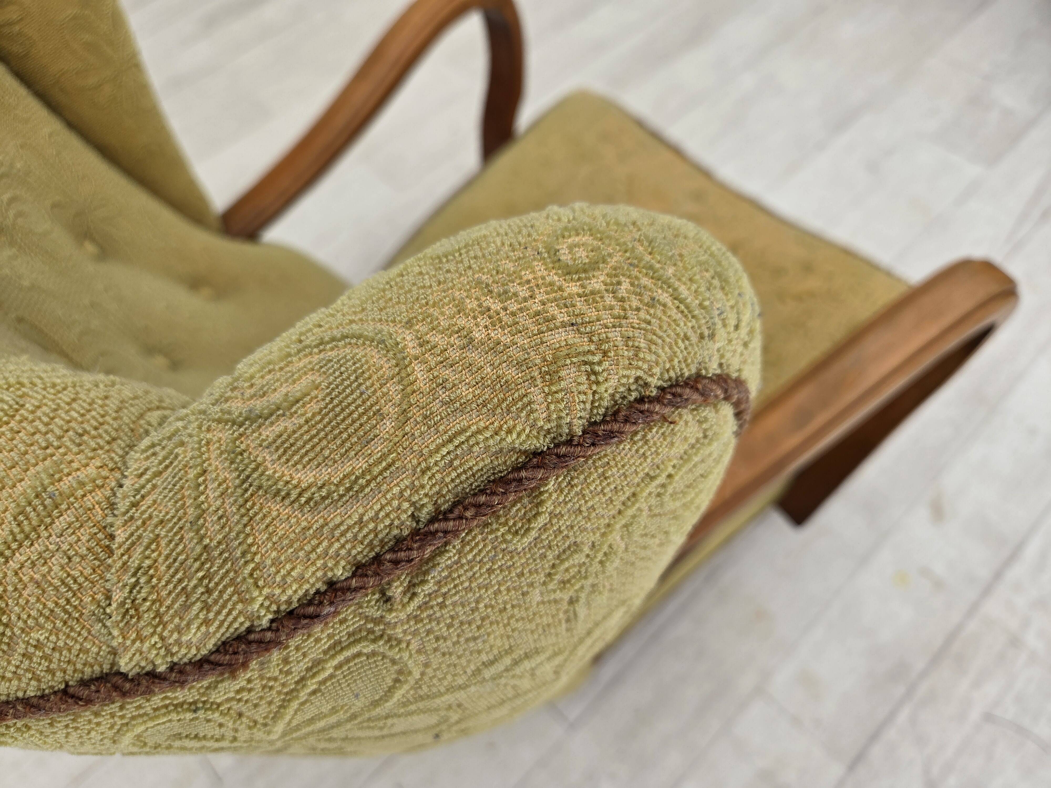 1960s, Danish armchair, light green furniture velour, beech wood.