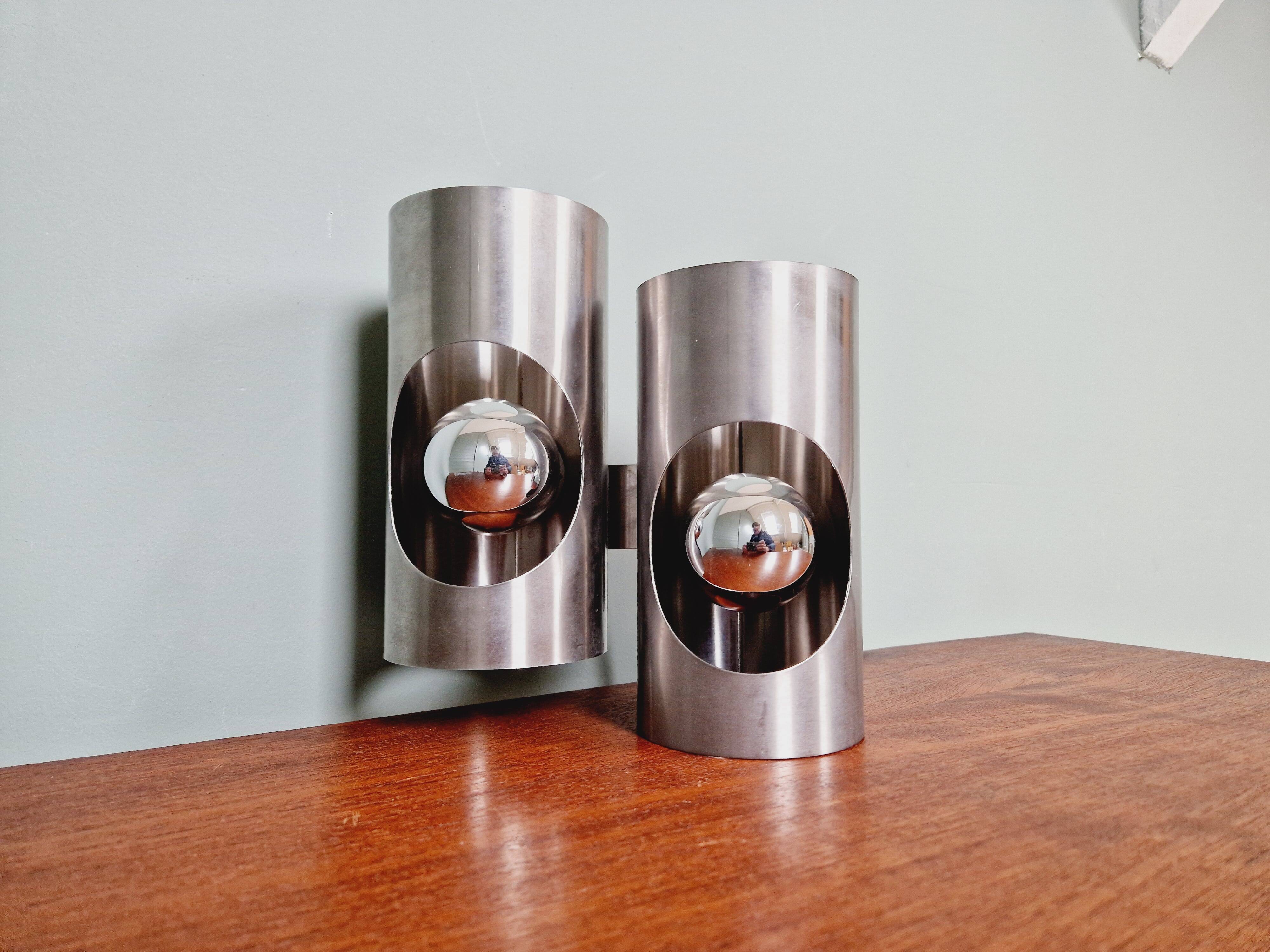 Space Age double wall lamp, in brushed aluminum, 1970s