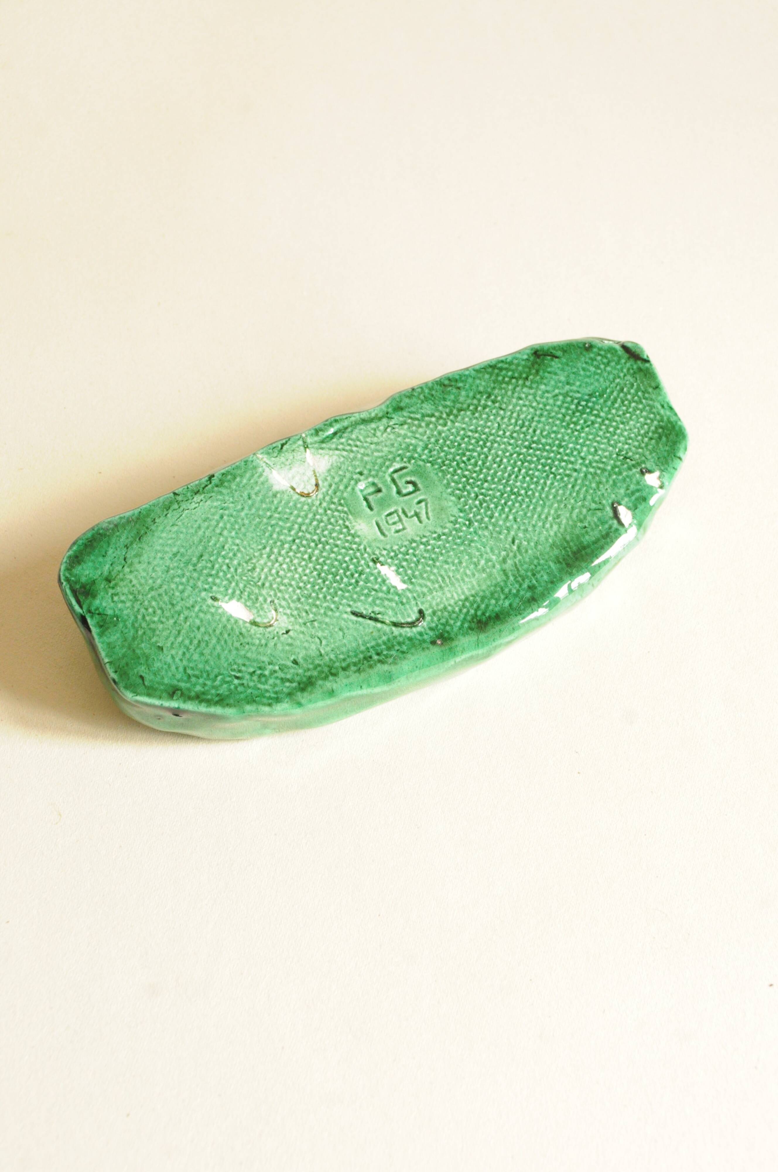 Soap Dish - Mid-century Free Form Green Ceramic Catchall - Signed