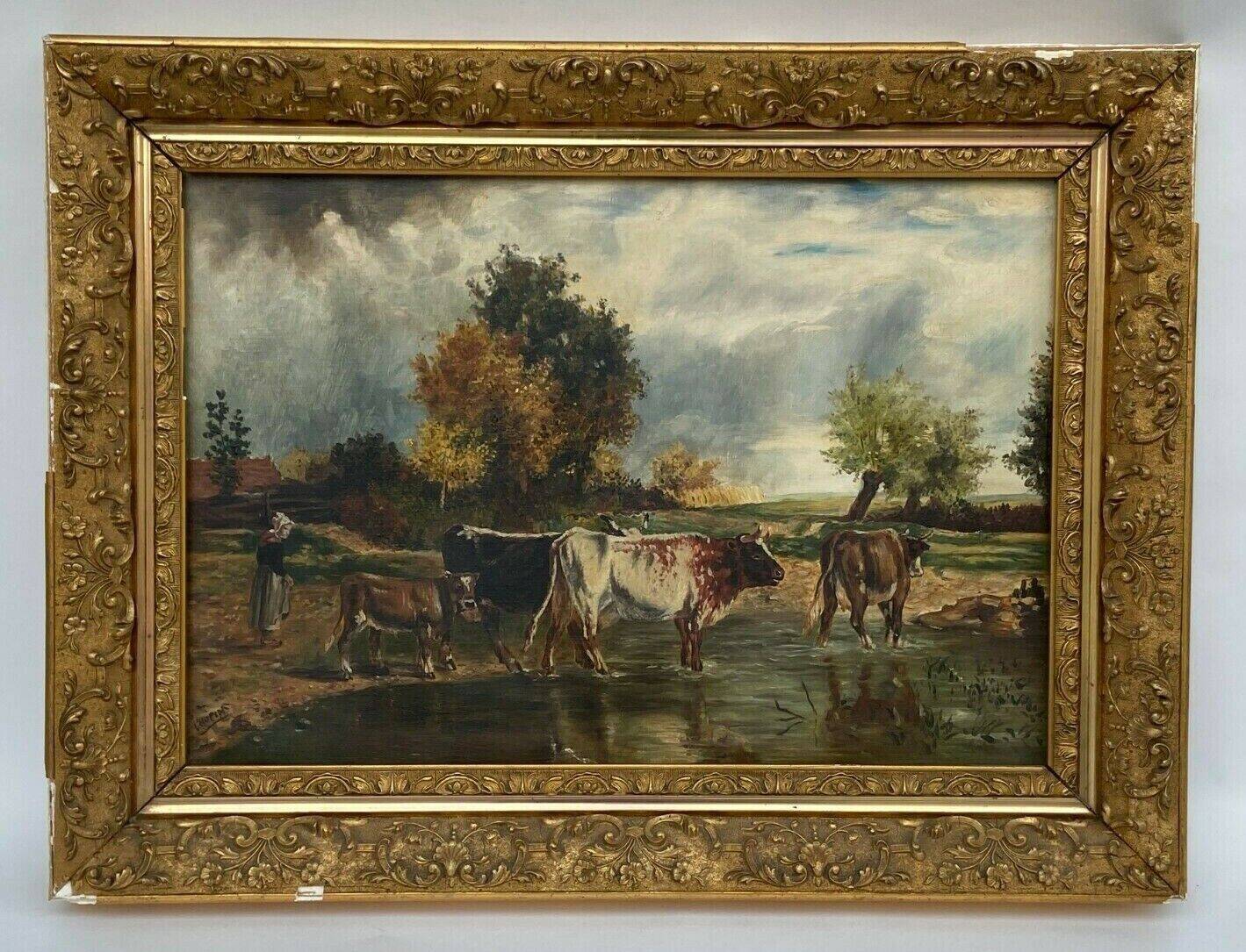 Oil by Lhopin or Hopin signature to identify woman cows Barbizon late 19th century