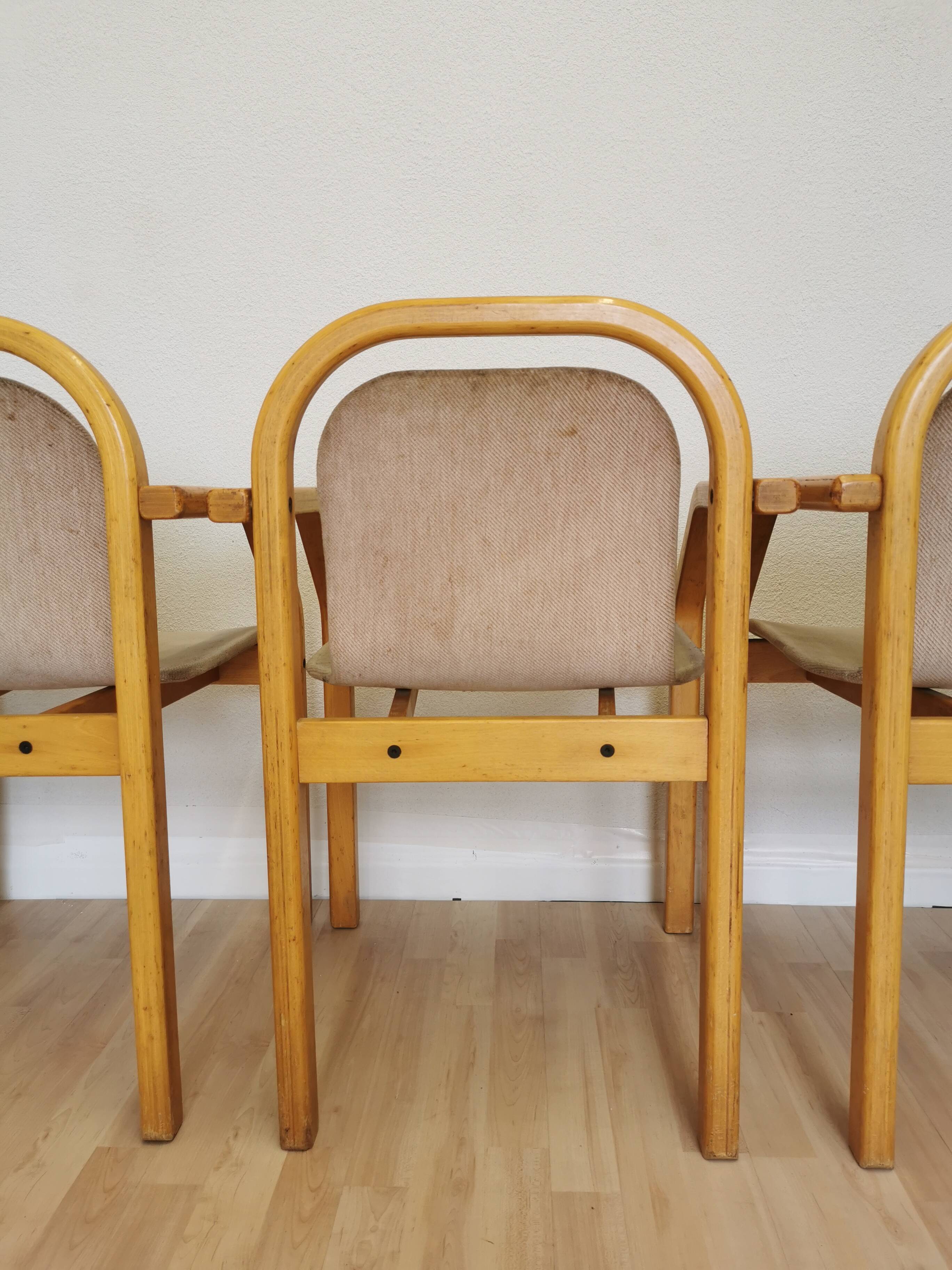 Set of 4 Vintage Beech Wood Dining Chairs: 1970s Space Age Gray Fabric