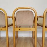 Set of 4 Vintage Beech Wood Dining Chairs: 1970s Space Age Gray Fabric