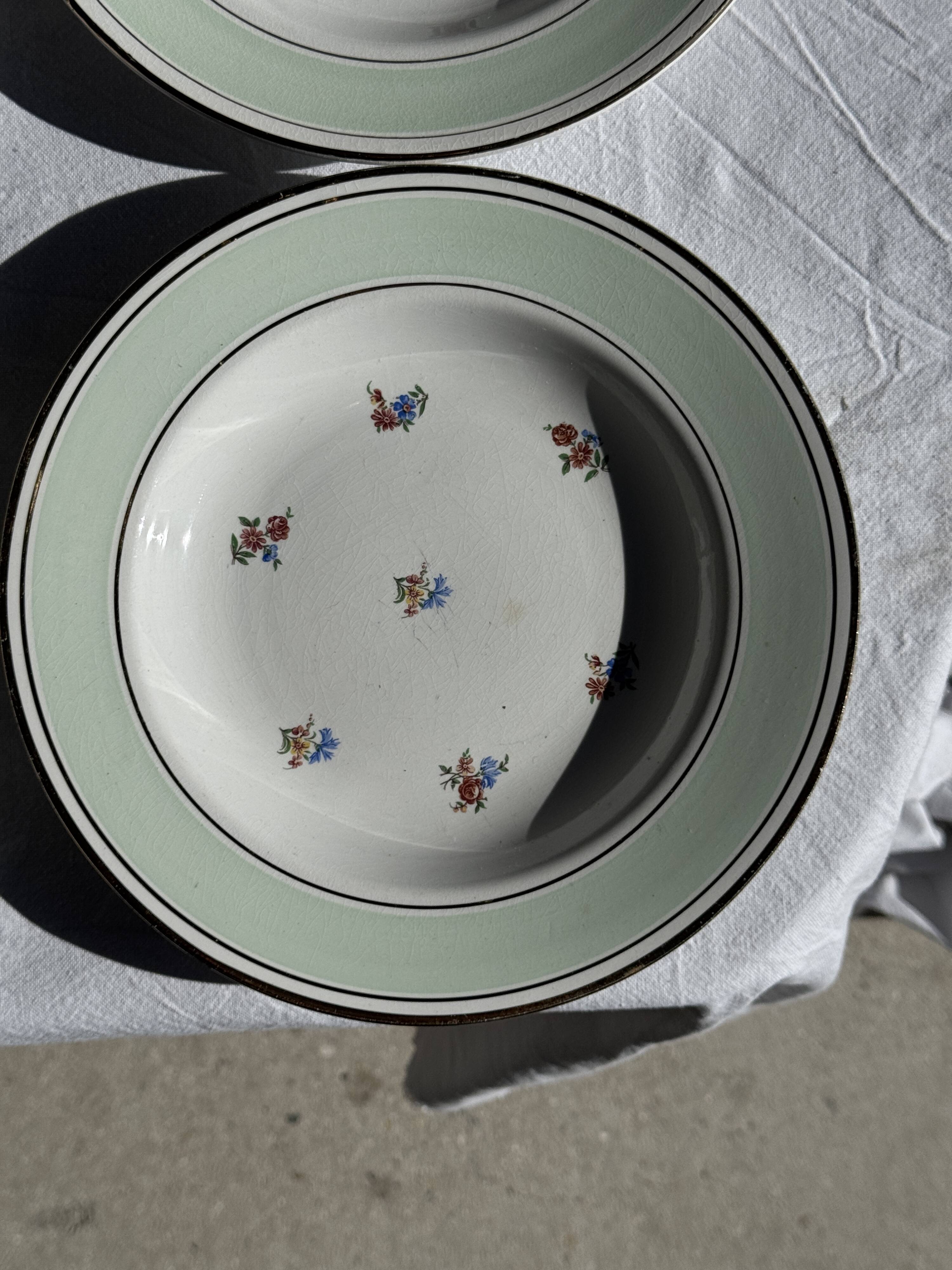 Set of 9 vintage turquoise deep plates with gold trim and pink flowers.