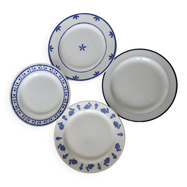 4 assiettes à dessert vintage dépareillées porcelaine faience bleue blanche - Lot Yolanda - Bon état sur Selency