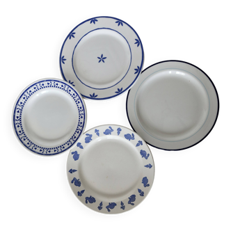 4 mismatched vintage dessert plates blue white earthenware porcelain - Yolanda set