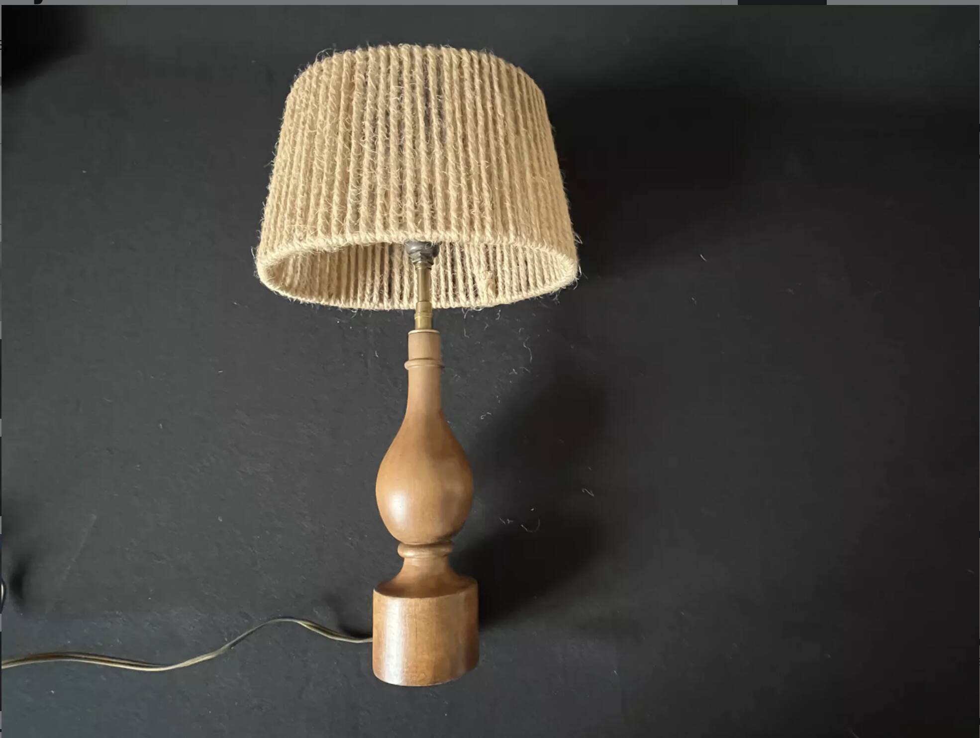 Philippe Capelle vintage 1970s table lamp in turned wood with rope shade