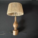 Philippe Capelle vintage 1970s table lamp in turned wood with rope shade