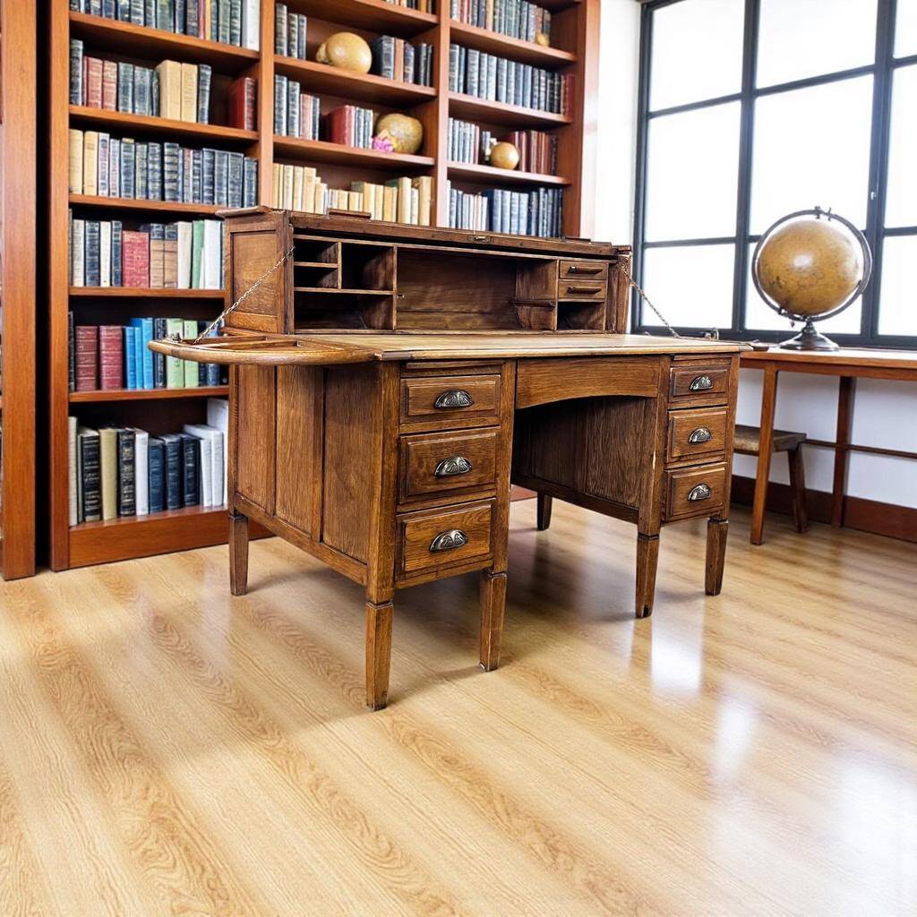 Vintage American wooden desk / desk with roll-up door