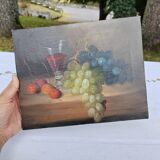 Small painting signed still life "Grapes and wine"