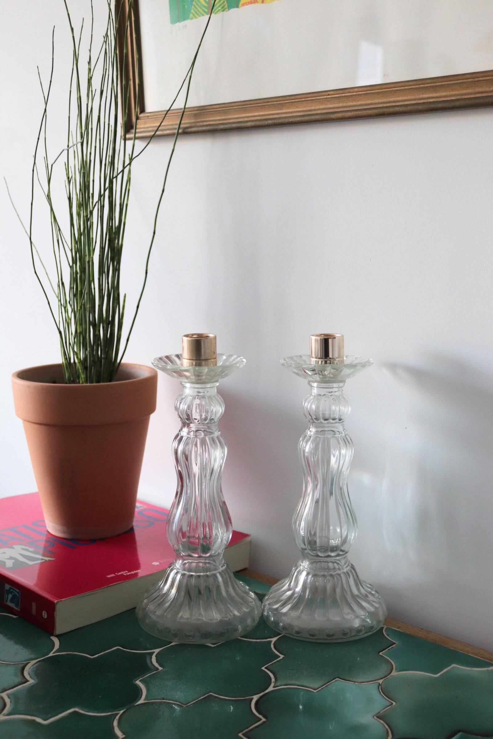 Pair of Roger Gallet glass candle holders