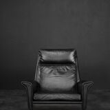 Mid-century danish modern minimalist black leather swivel armchair by georg thams, 1960s