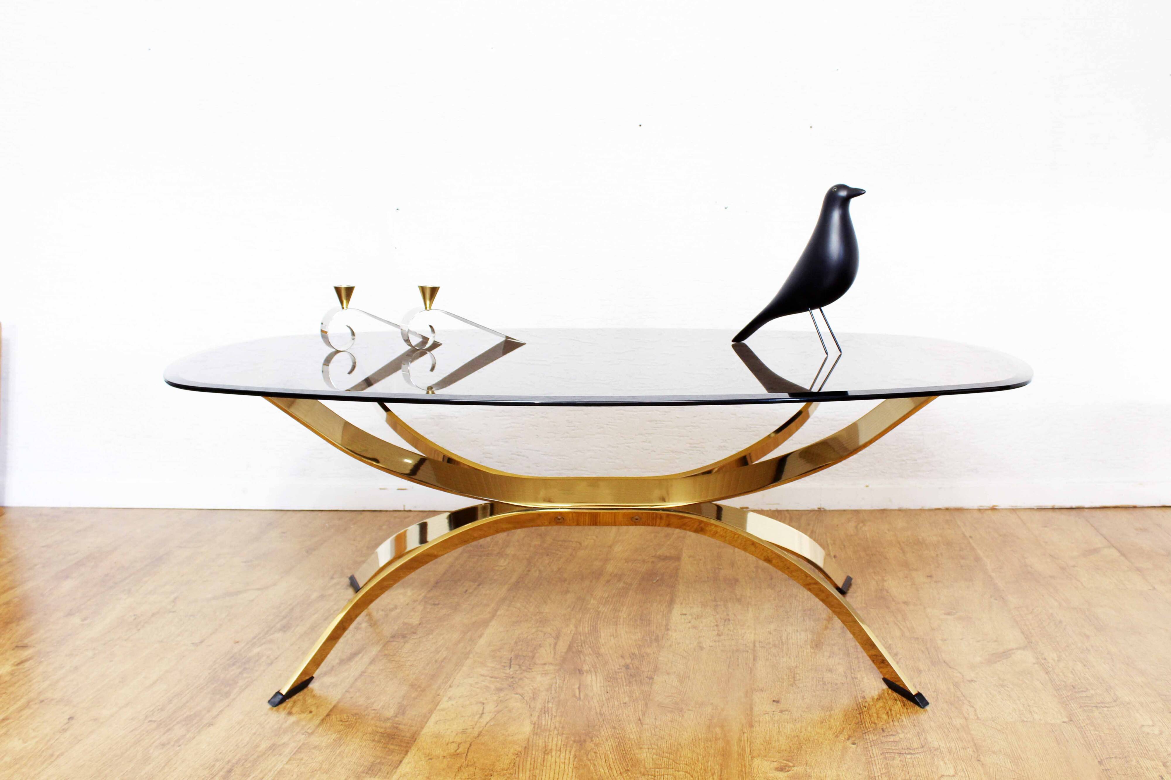 Italian coffee table in smoked glass and brass