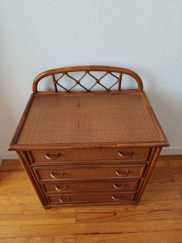 Commode vintage en rotin et cannage années 70